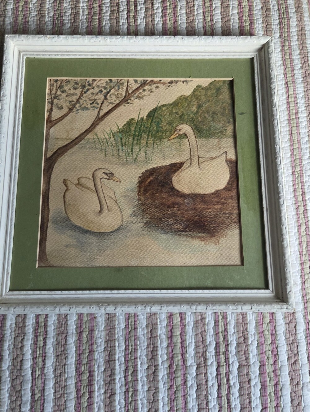 Framed Swan Art Print in Green Mat Vintage